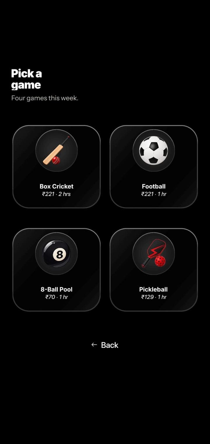 Zen-Z booking, pick a game: Box Cricket, Football, 8-Ball Pool and Pickleball with prices