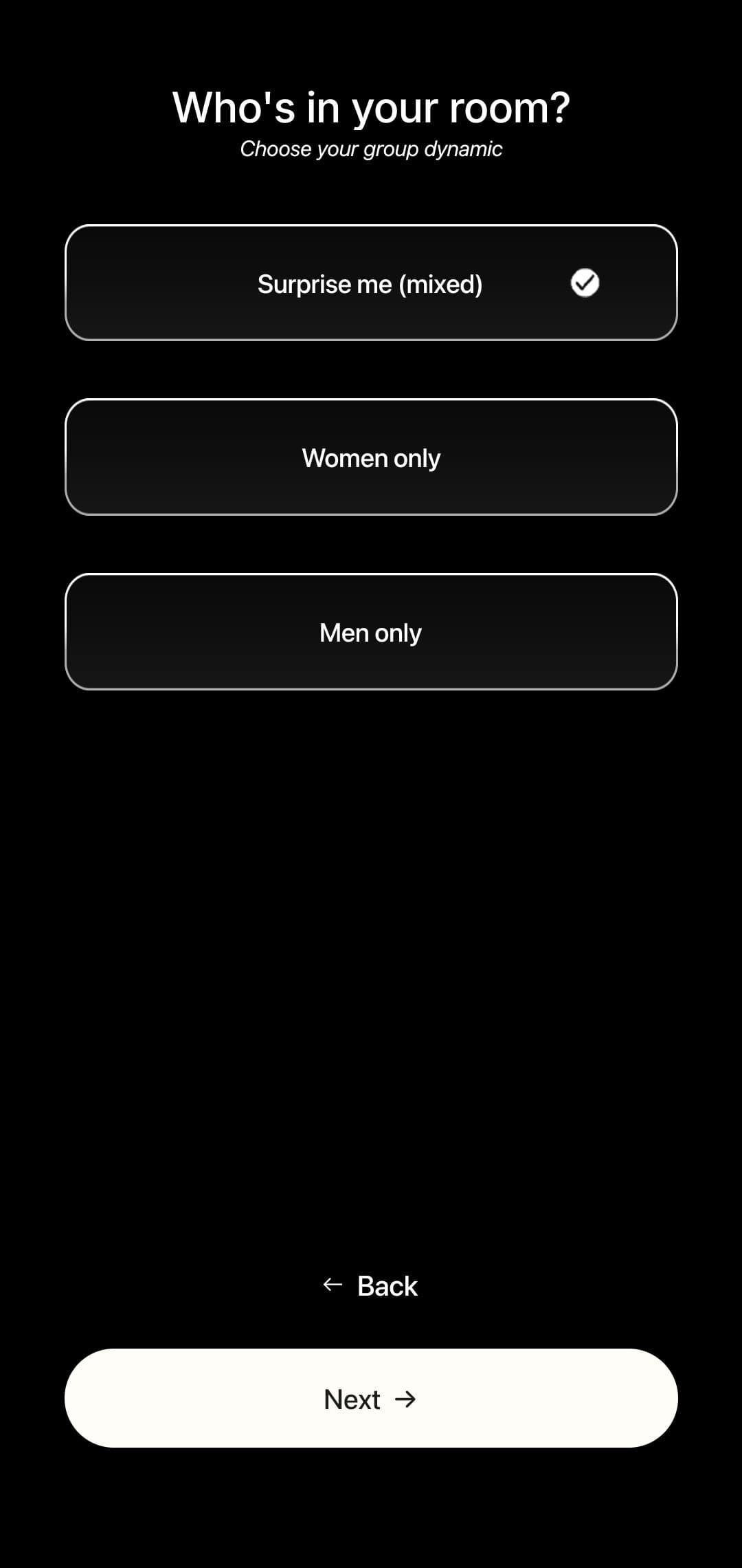Zen-Z booking, group dynamic: Surprise me (mixed) selected, with Women only and Men only