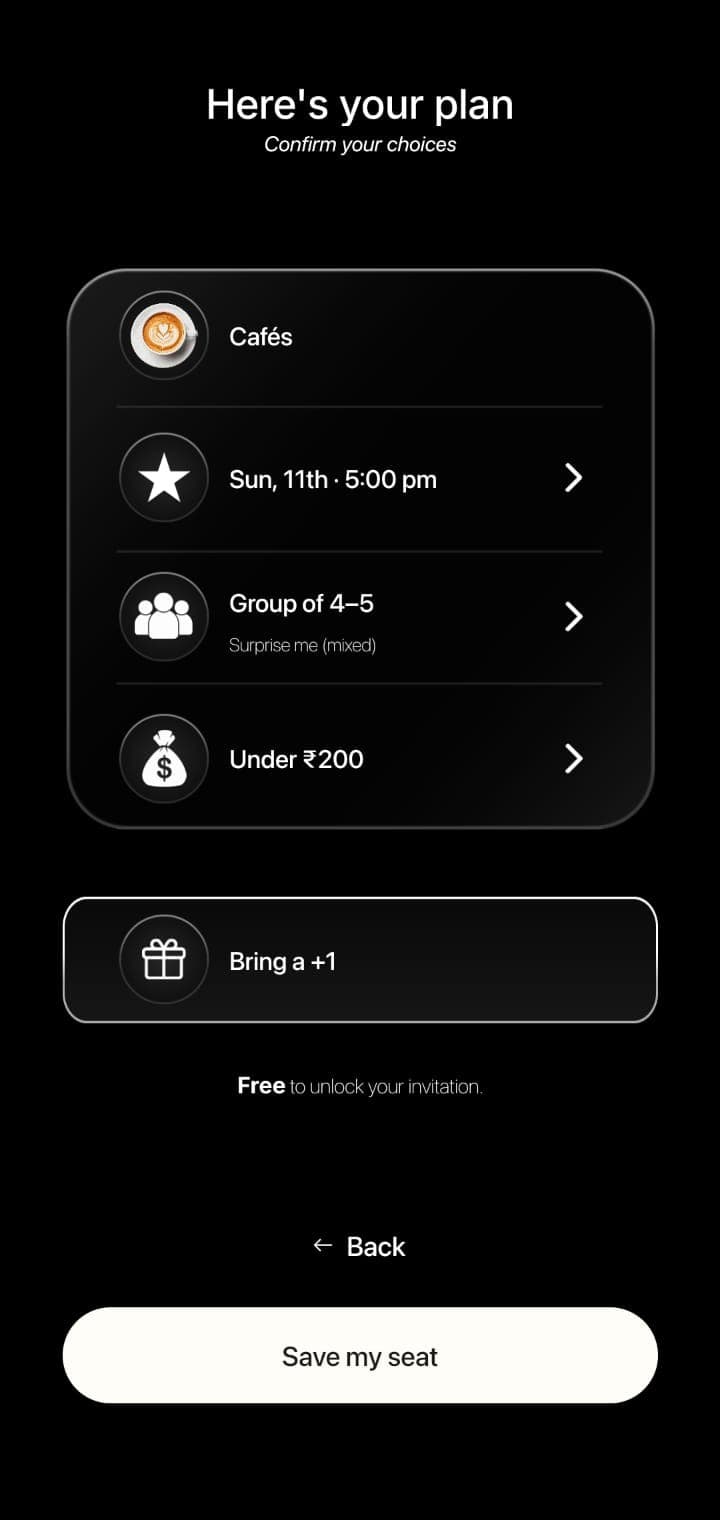 Zen-Z booking summary: Cafés, Sunday 11th at 5:00 pm, group of 4–5, under ₹200, Save my seat