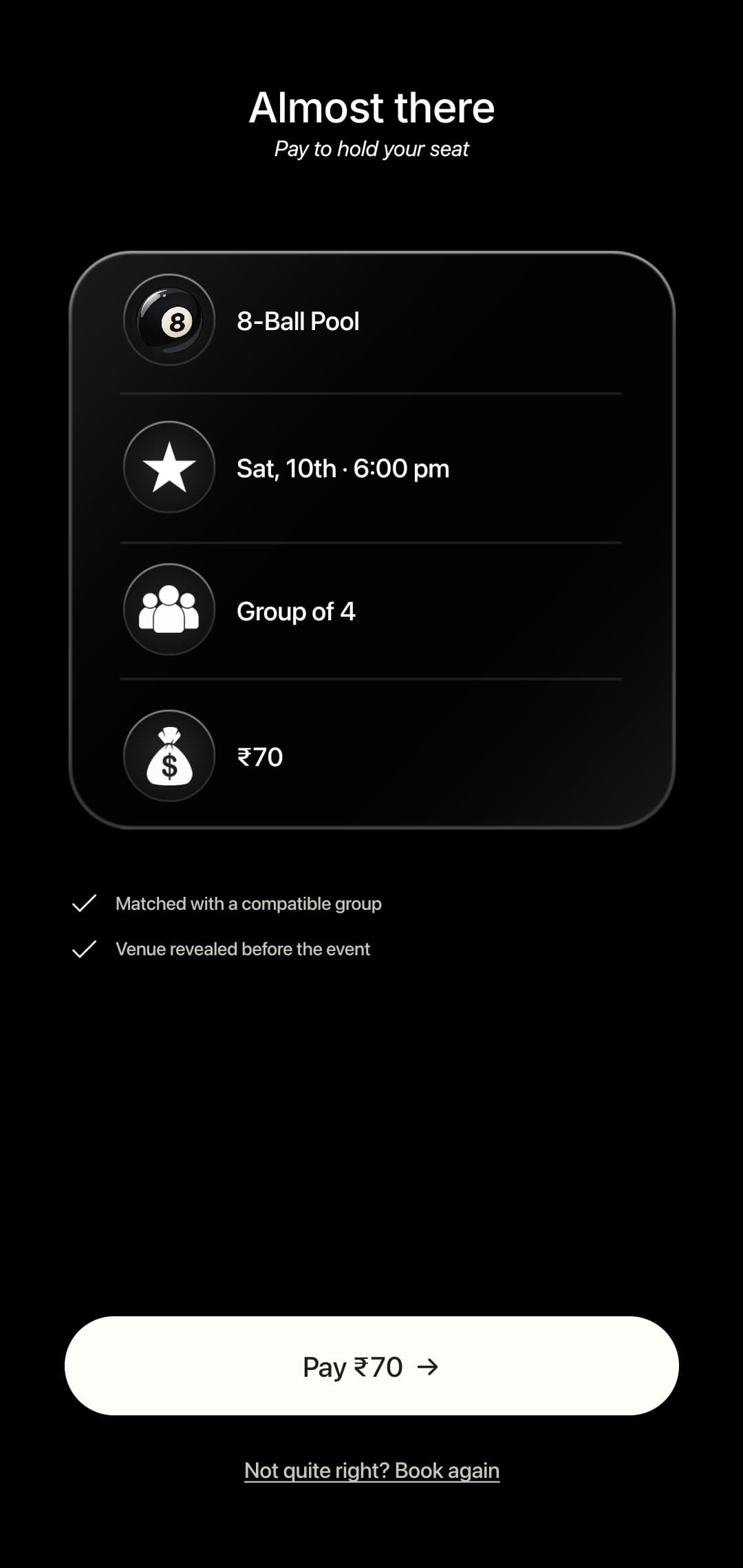 Zen-Z payment screen: 8-Ball Pool, Saturday 10th at 6:00 pm, group of 4, ₹70, Pay ₹70