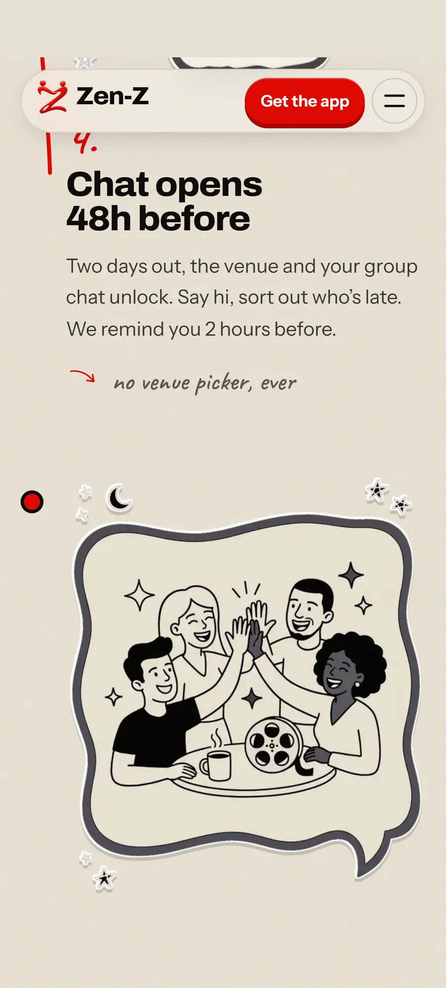 zen-z.site on a phone: step 4 of how it works, 'Chat opens 48h before', with a hand-drawn illustration