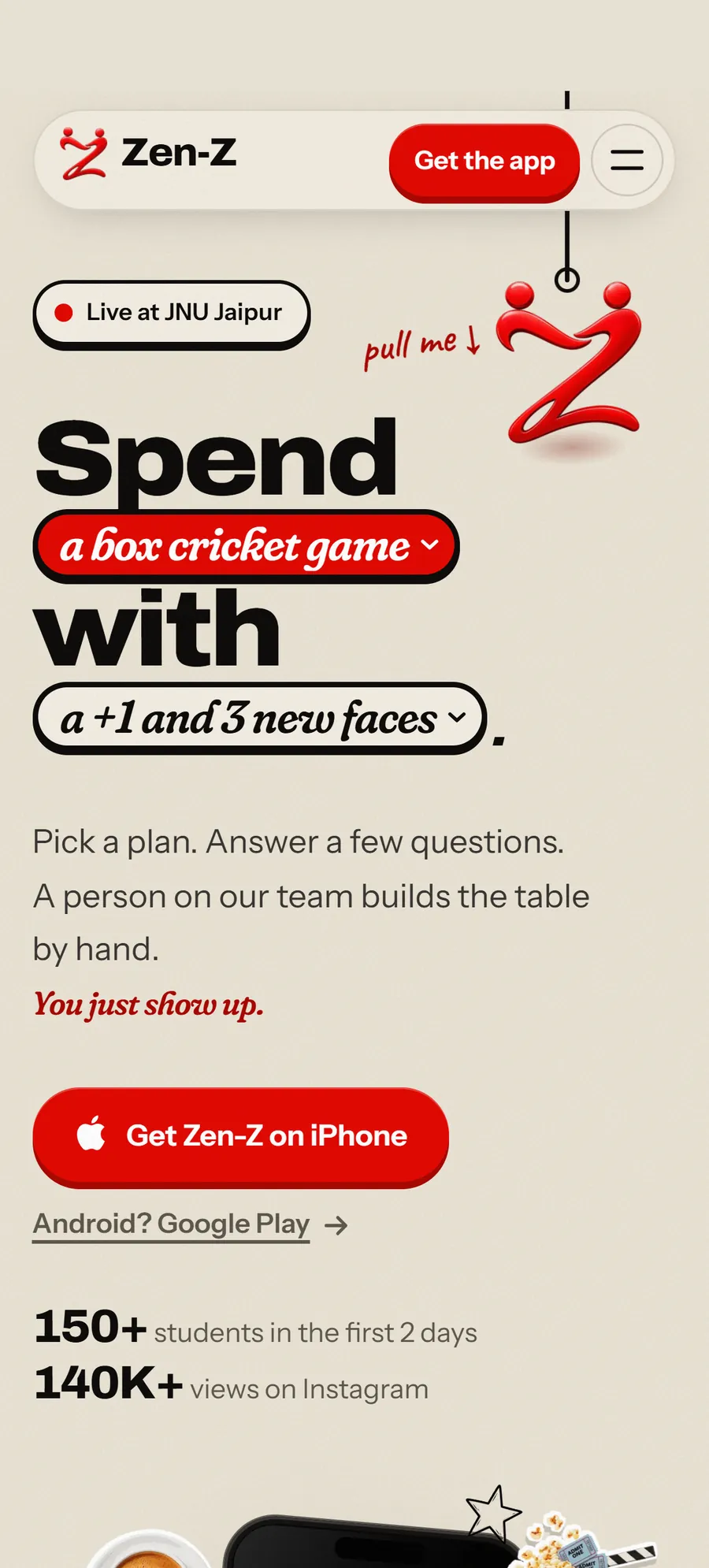 zen-z.site on a phone: the same headline with a rolling plan, the hanging Z and a Get Zen-Z on iPhone button