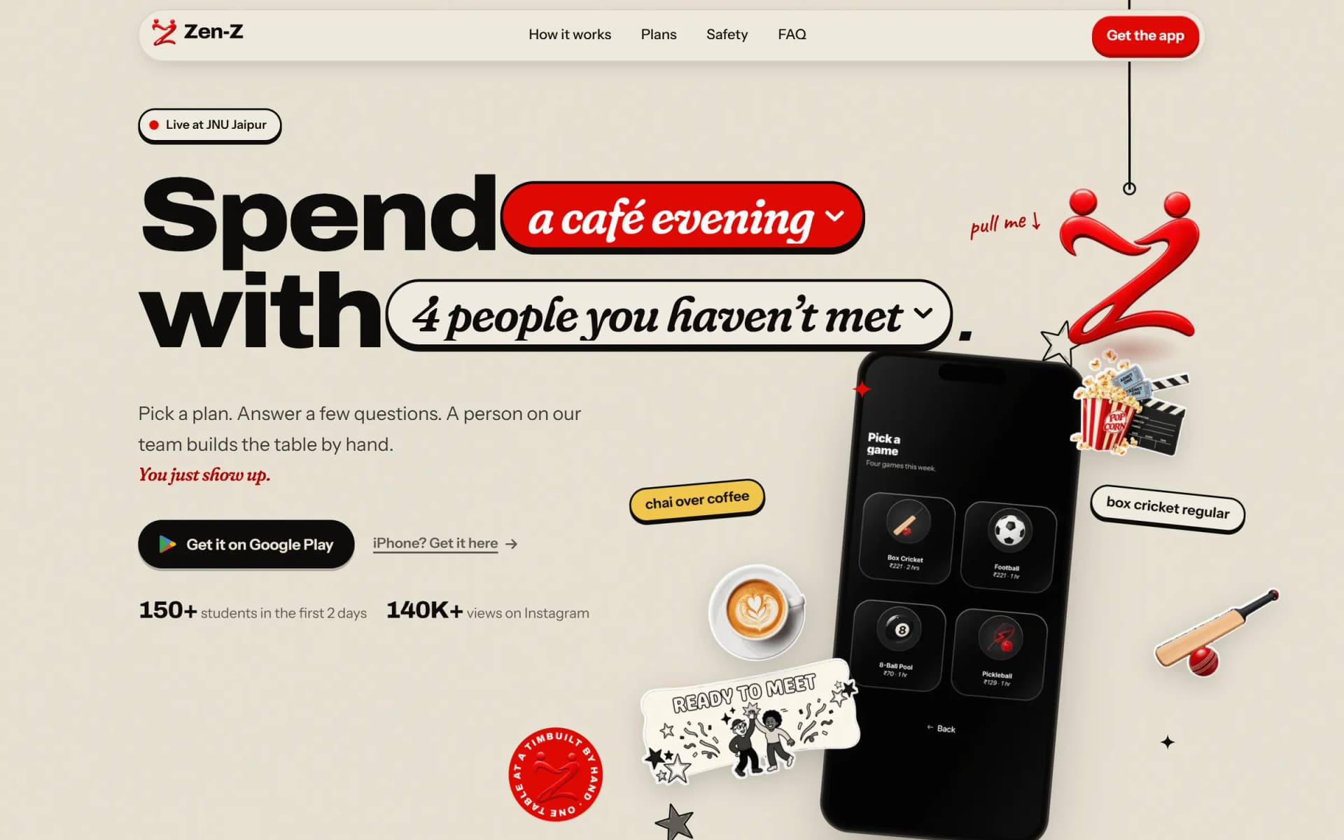 zen-z.site on desktop: the headline 'Spend a café evening with 4 people you haven't met', a Get it on Google Play button, a phone and stickers, and the glossy red Z hanging on a cord