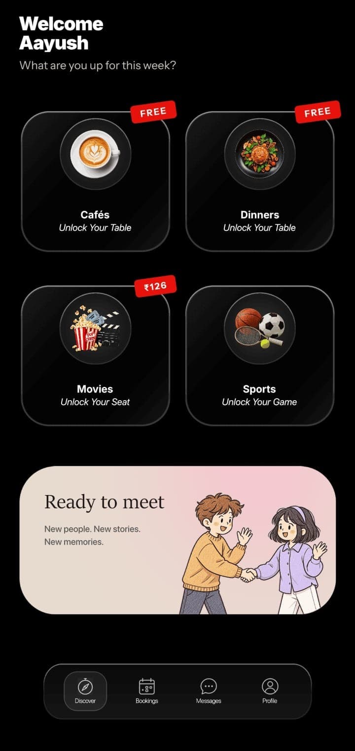 Zen-Z home screen: Cafés, Dinners, Movies and Sports, and a Ready to meet card