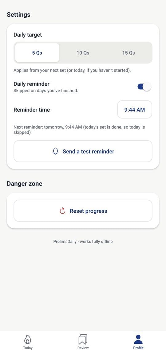 PrelimsDaily settings: daily target, reminder toggle and a note that today's reminder is skipped